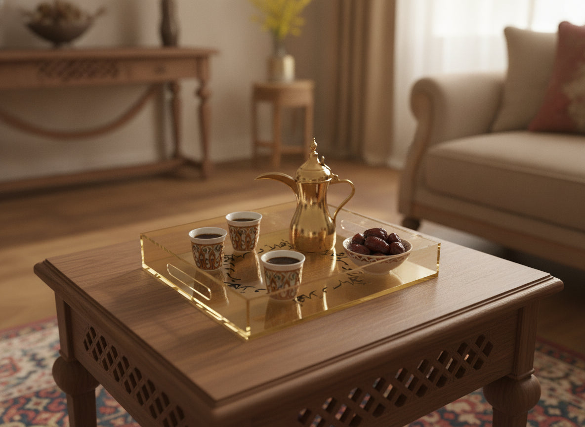 A gold-tinted acrylic tray with «أهلاً وسهلاً» in Ruq'ah, set with a dallah, cups and dates on a living-room table