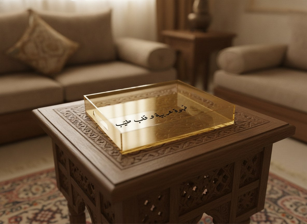 Gold-tinted acrylic tray reading «قهوة عربية وقلب طيّب» in Ruq'ah, on a carved wooden table in a majlis