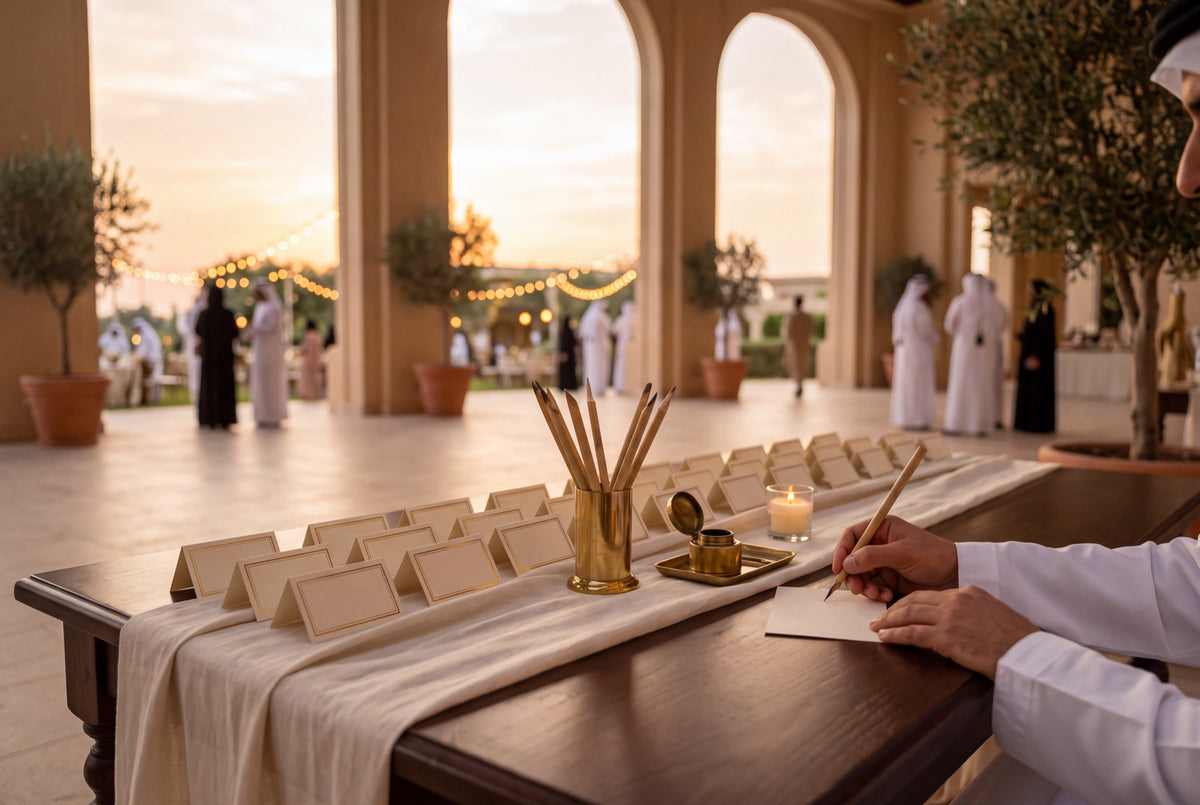 A wedding calligrapher's table in the UAE with gold-edged place cards and reed pens (an illustration)