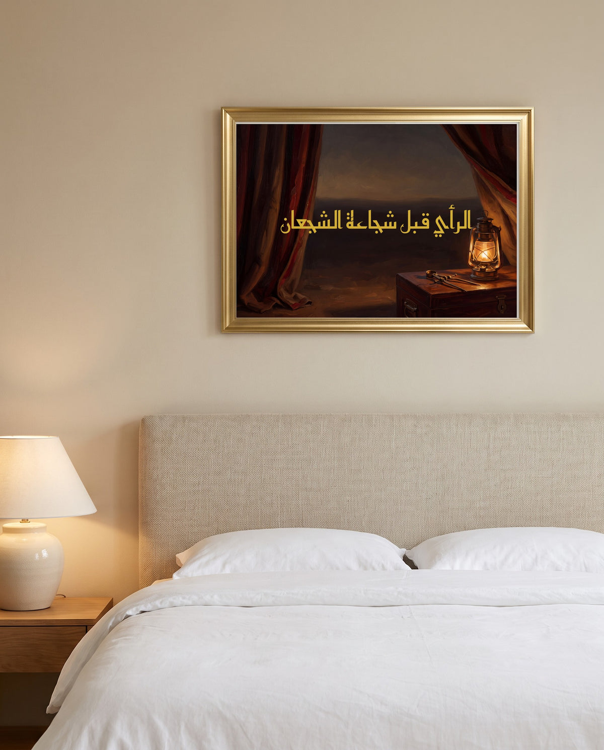 Judgement Comes Before Courage: Arabic poetry in Kufic calligraphy, framed in polished gold above a bed with white linen
