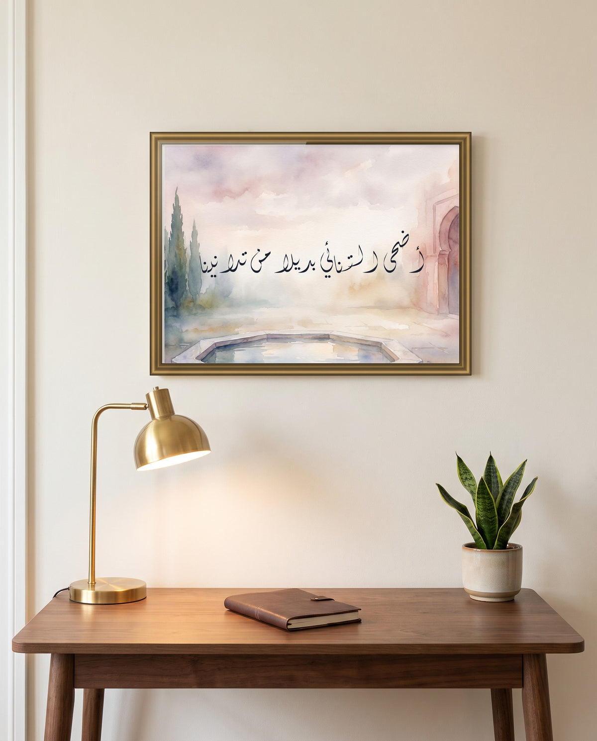 Distance Took the Place of Our Closeness: Arabic poetry in Diwani calligraphy, framed in polished gold above a walnut desk in a study