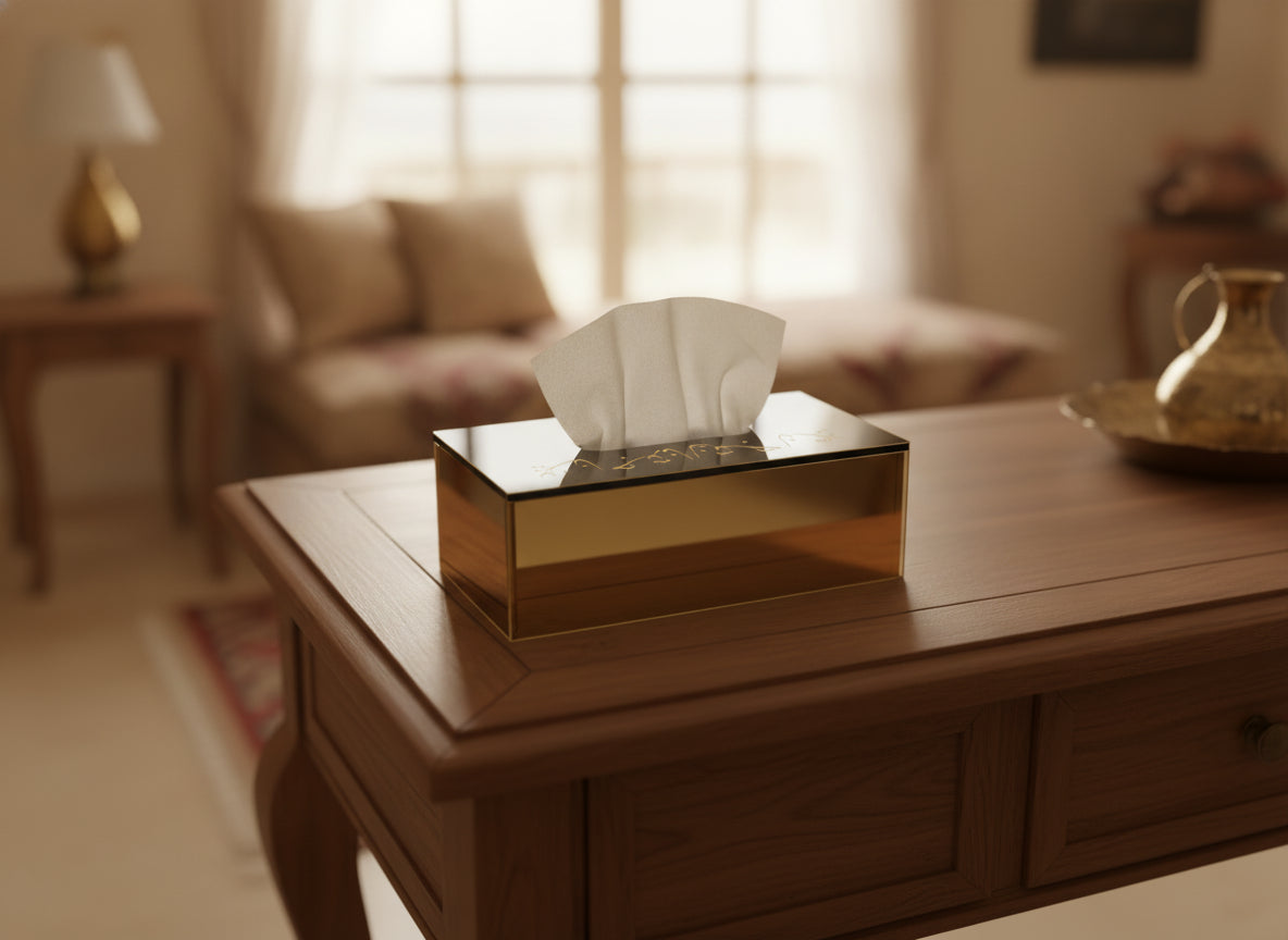 «بيتنا جنتنا» Naskh calligraphy tissue box in use
