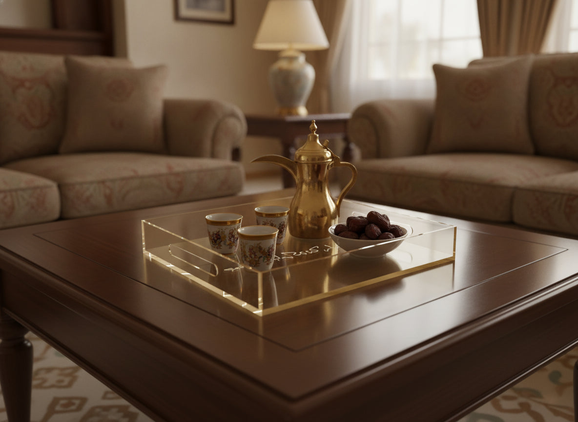 «جمعة مباركة» Thuluth calligraphy serving tray in use
