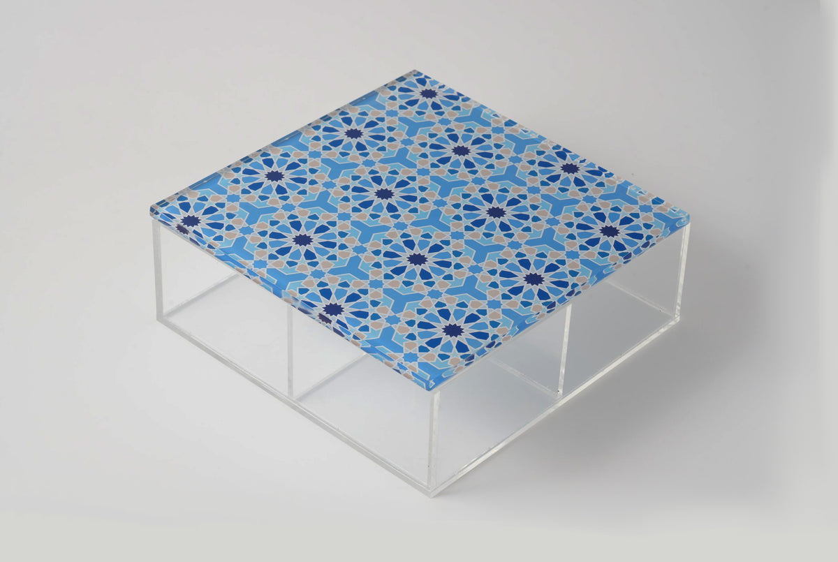 Clear acrylic box with a blue arabesque patterned lid