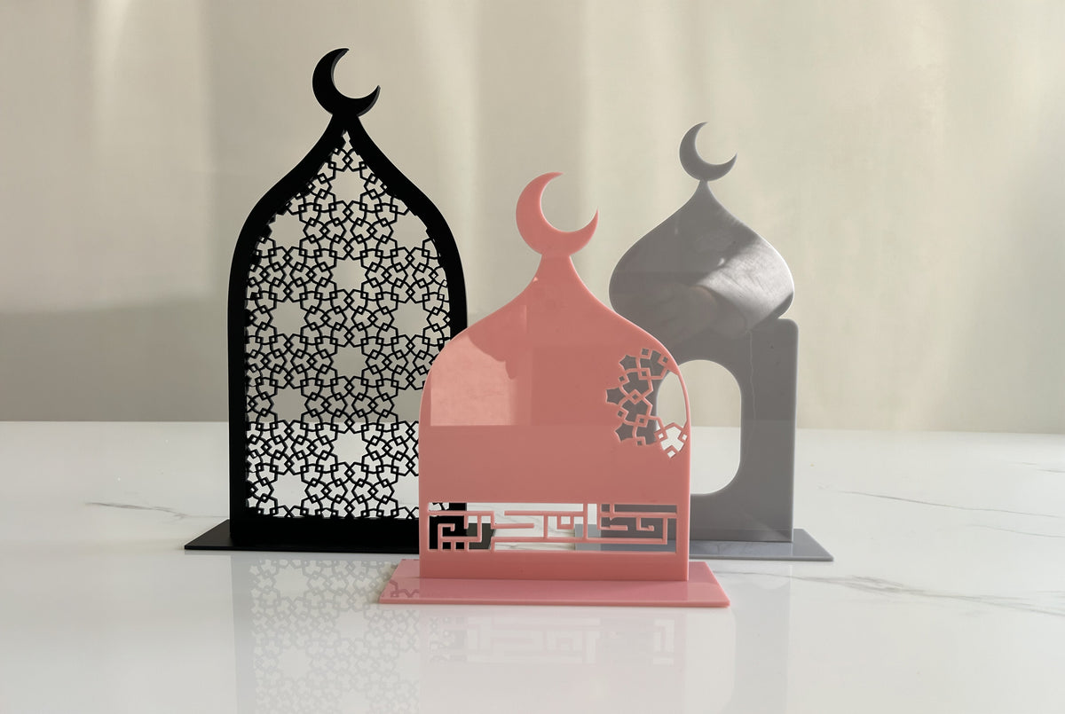 Acrylic masjid decoration set inscribed Ramadan Kareem, made to order by MASHQ