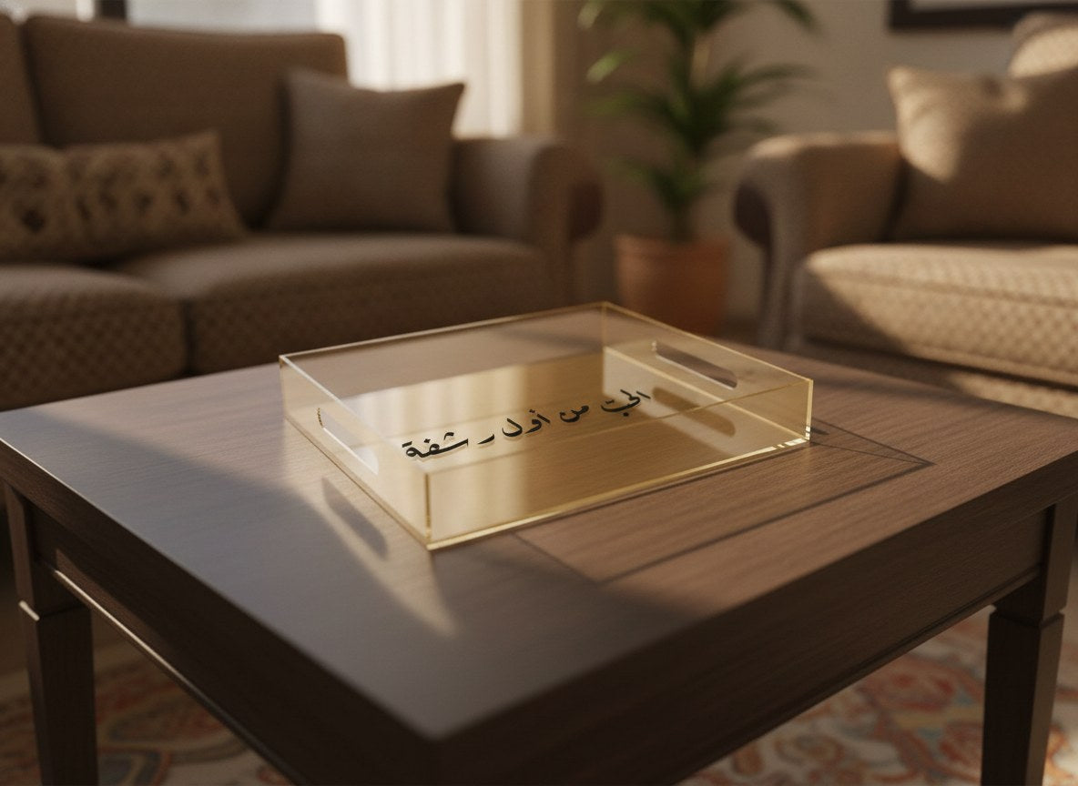 «الحبّ من أول رشفة» Ruq’ah calligraphy serving tray, gold acrylic, on a coffee table