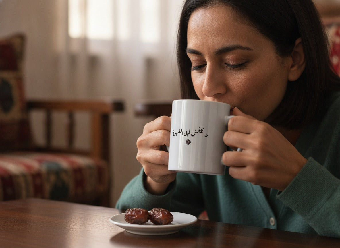 «لا تكلّمني قبل القهوة» calligraphy mug in hand, mid-sip