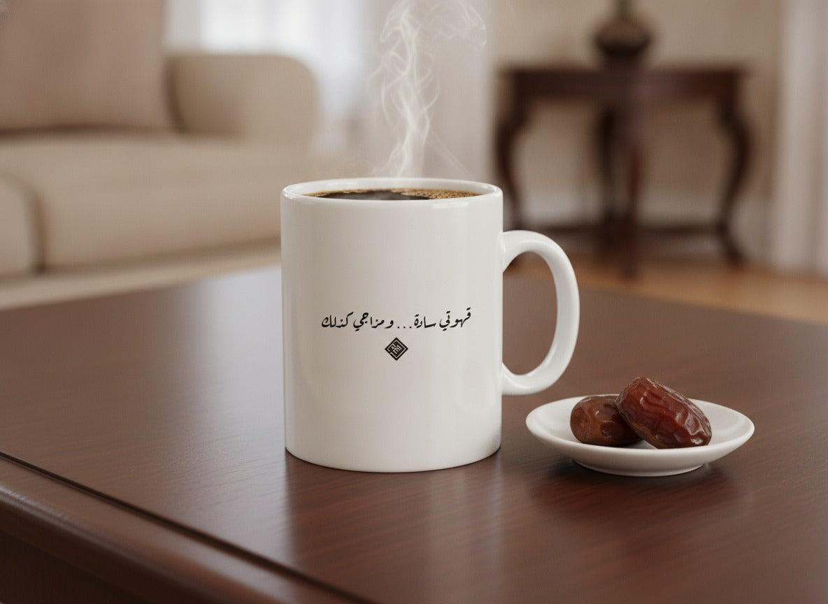 «قهوتي سادة… ومزاجي كذلك» Ruq’ah calligraphy mug, filled, on a coffee table