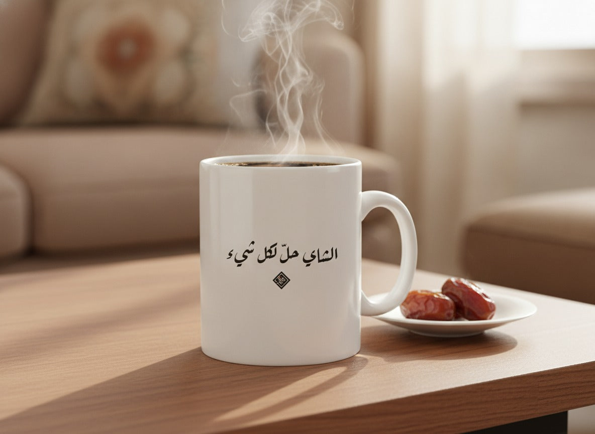 «الشاي حلّ لكل شيء» Ruq’ah calligraphy mug, filled, on a coffee table