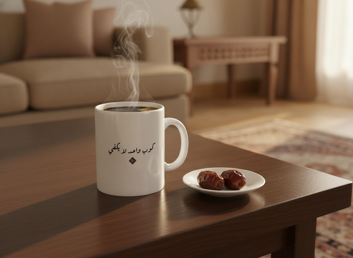 «كوب واحد لا يكفي» Ruq’ah calligraphy mug, filled, on a coffee table