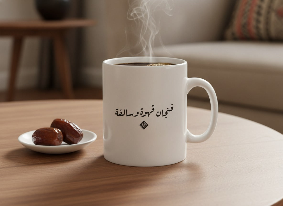 «فنجان قهوة وسالفة» Ruq’ah calligraphy mug, filled, on a coffee table
