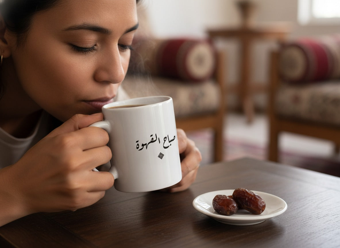 «صباح القهوة» كوب الخط في اليد، أثناء الرشفة