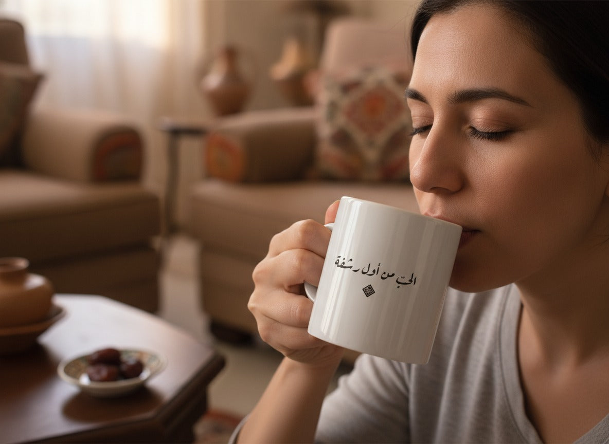 «الحبّ من أول رشفة» كوب الخط في اليد، أثناء الرشفة