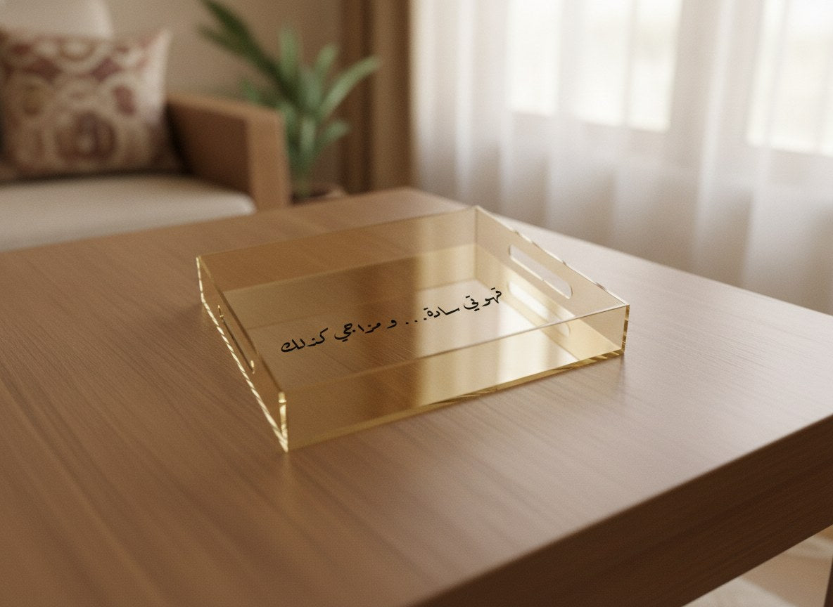 «قهوتي سادة… ومزاجي كذلك» Ruq’ah calligraphy serving tray, gold acrylic, on a coffee table