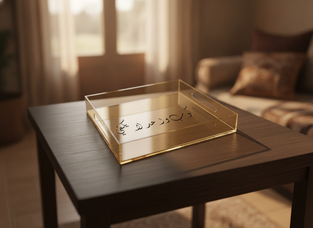 «كوب واحد لا يكفي» Diwani calligraphy serving tray, gold acrylic, on a coffee table