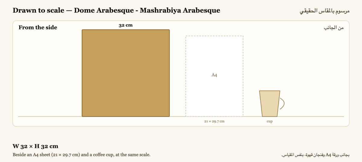 Drawn to scale — W 32 × H 32 cm, beside an A4 sheet and a coffee cup
