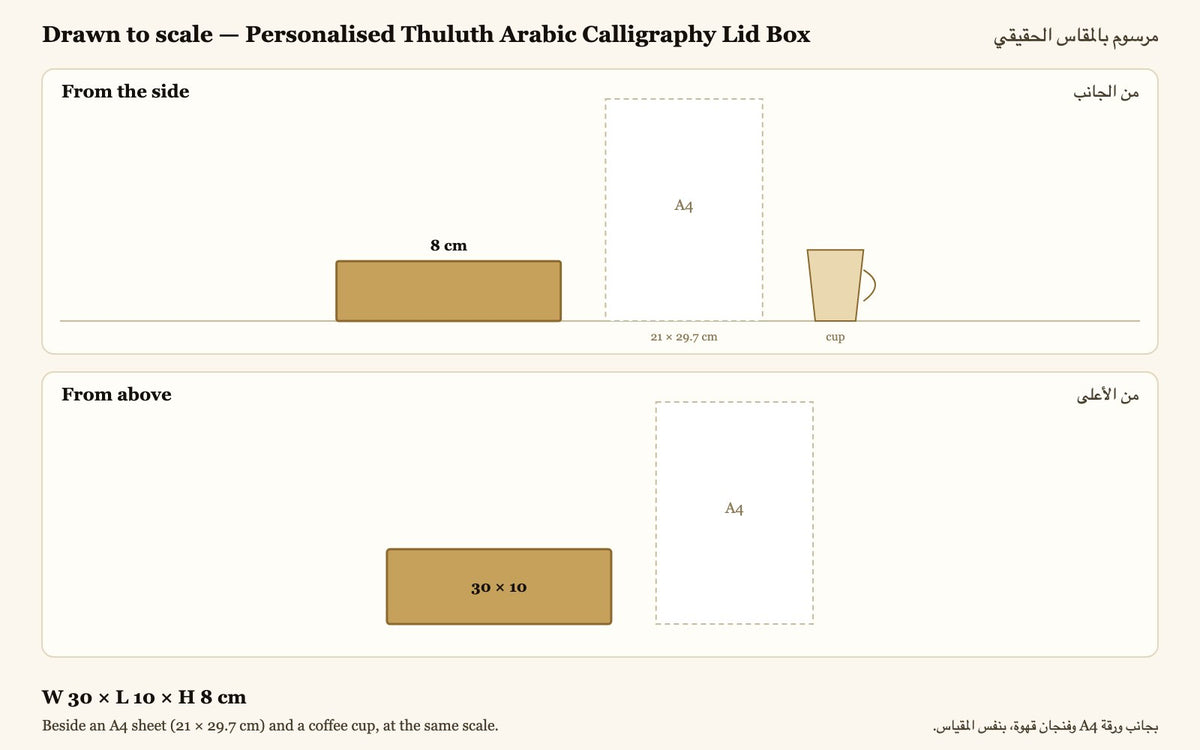 Drawn to scale — W 30 × L 10 × H 8 cm, beside an A4 sheet and a coffee cup