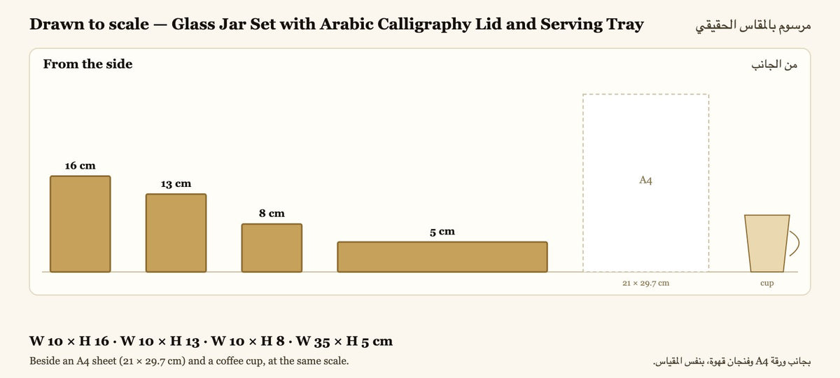Drawn to scale — W 10 × H 16 · W 10 × H 13 · W 10 × H 8 · W 35 × H 5 cm, beside an A4 sheet and a coffee cup