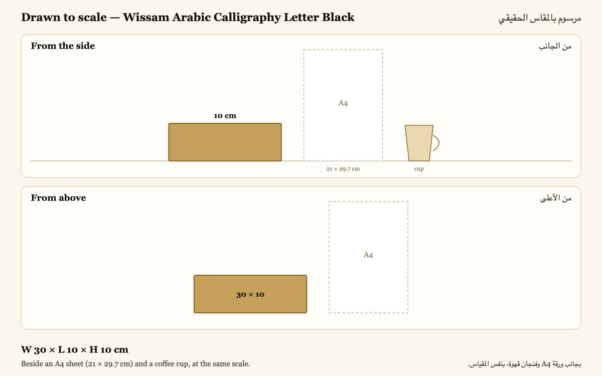 Drawn to scale — W 30 × L 10 × H 10 cm, beside an A4 sheet and a coffee cup