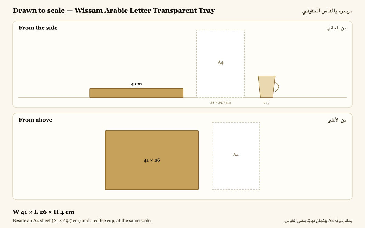 Drawn to scale — W 41 × L 26 × H 4 cm, beside an A4 sheet and a coffee cup