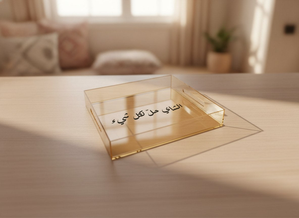«الشاي حلّ لكل شيء» Ruq’ah calligraphy serving tray, gold acrylic, on a coffee table