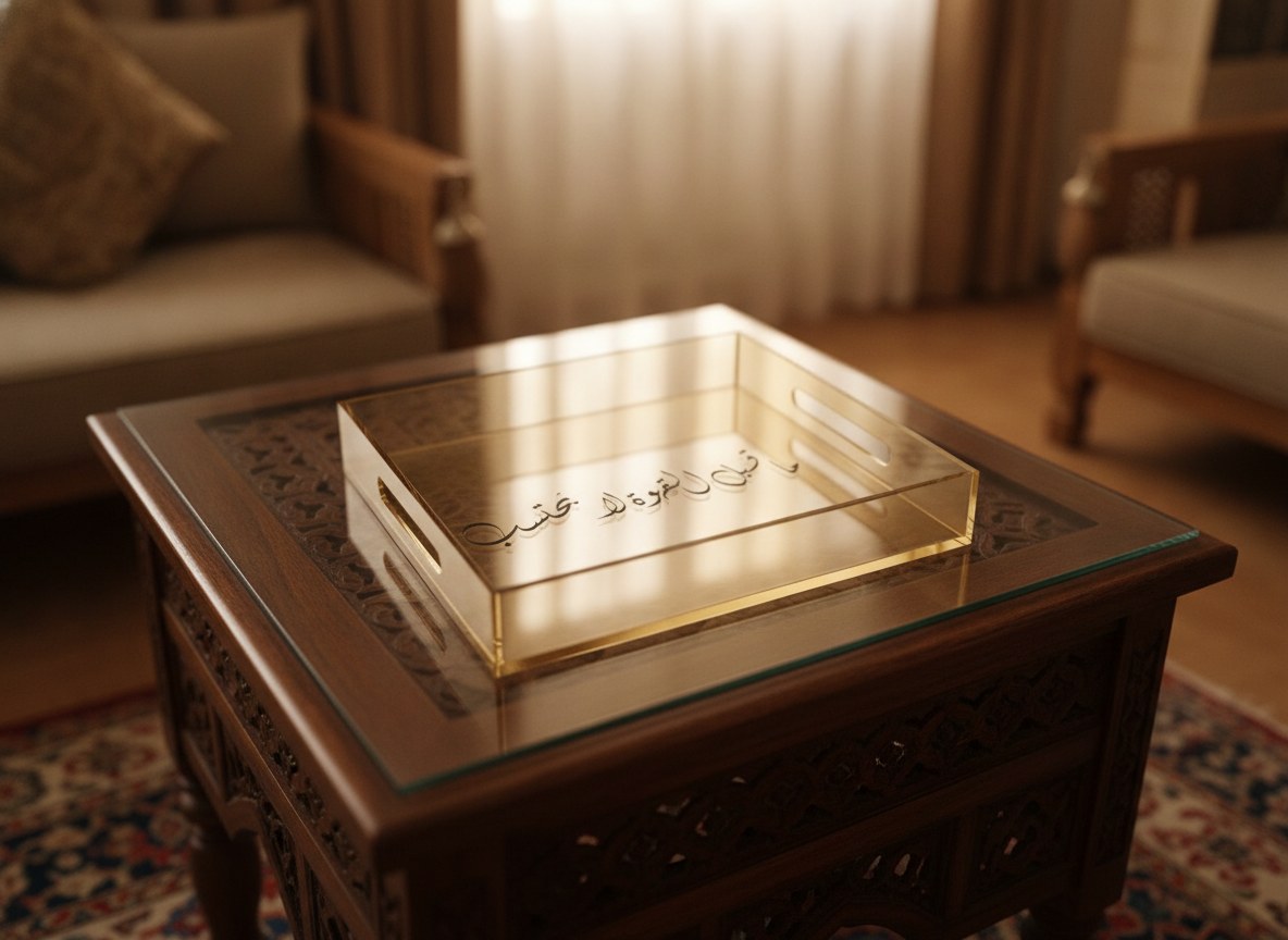 «ما قبل القهوة لا يُحتسب» Diwani calligraphy serving tray, gold acrylic, on a coffee table