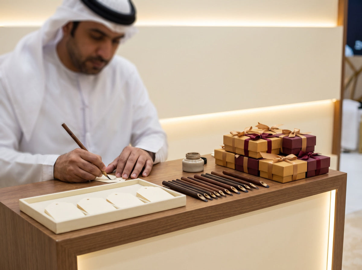 A live Arabic calligraphy counter at a corporate event in the UAE (an illustration)