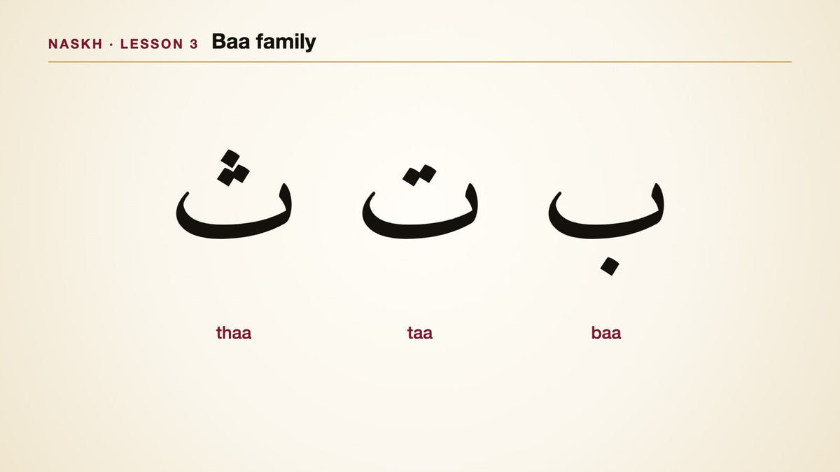 A Mashq Learn lesson: baa, taa and thaa in the Naskh hand, each measured in dots