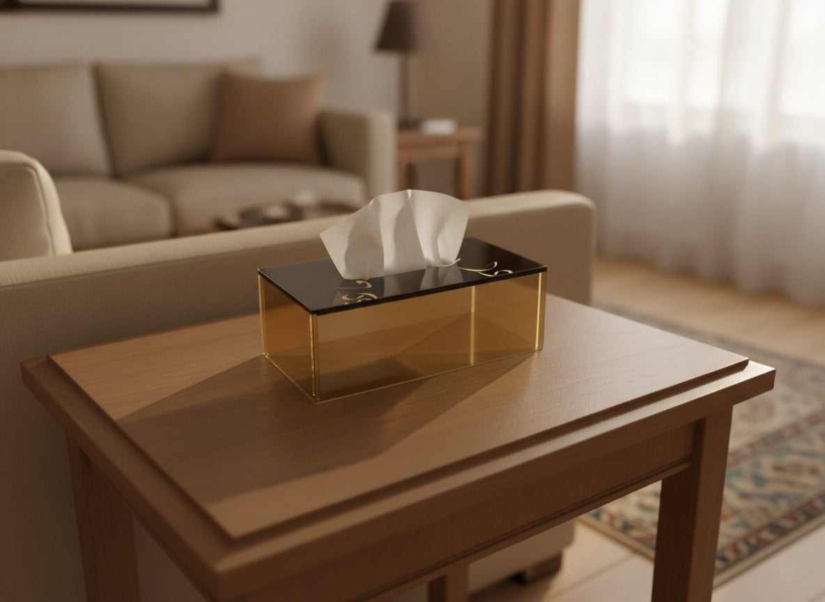 «دار السعادة» in Diwani engraved on an acrylic tissue box, photographed on a table