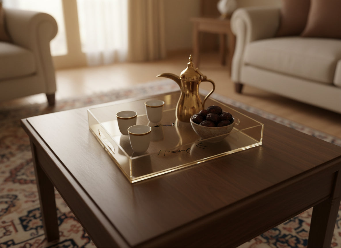 «الحمد لله» in Kufi engraved on an acrylic serving tray, photographed on a table