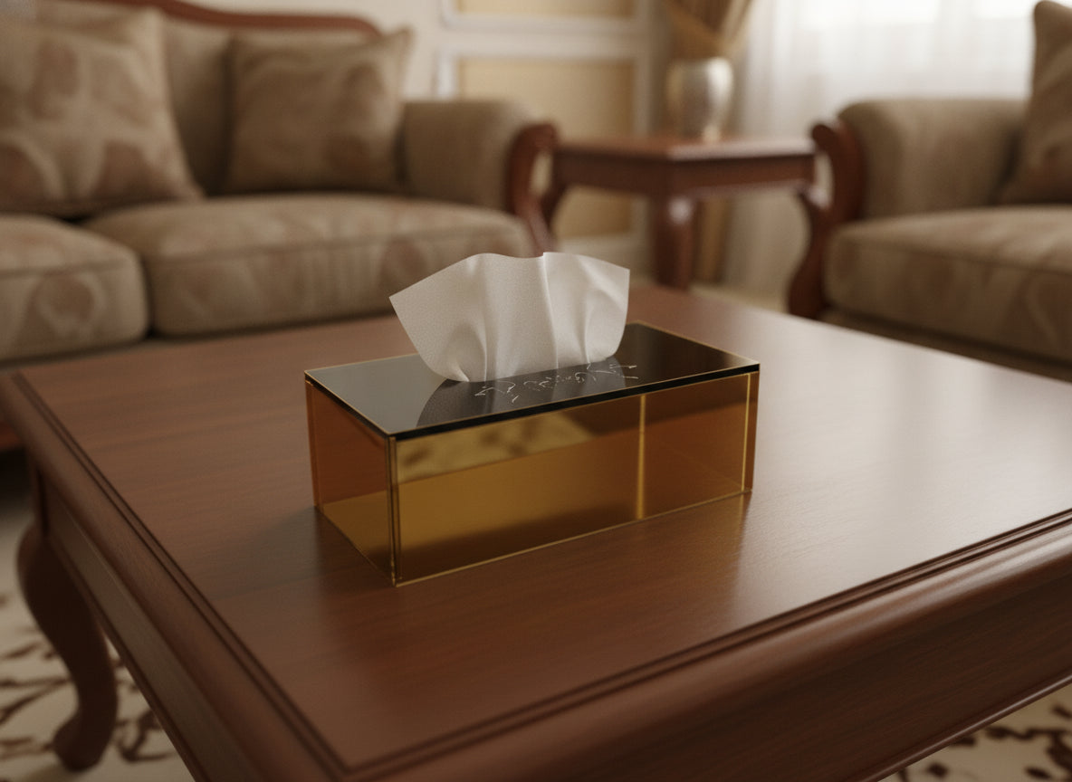 «حياكم الله» engraved on an acrylic tissue box, photographed on a table