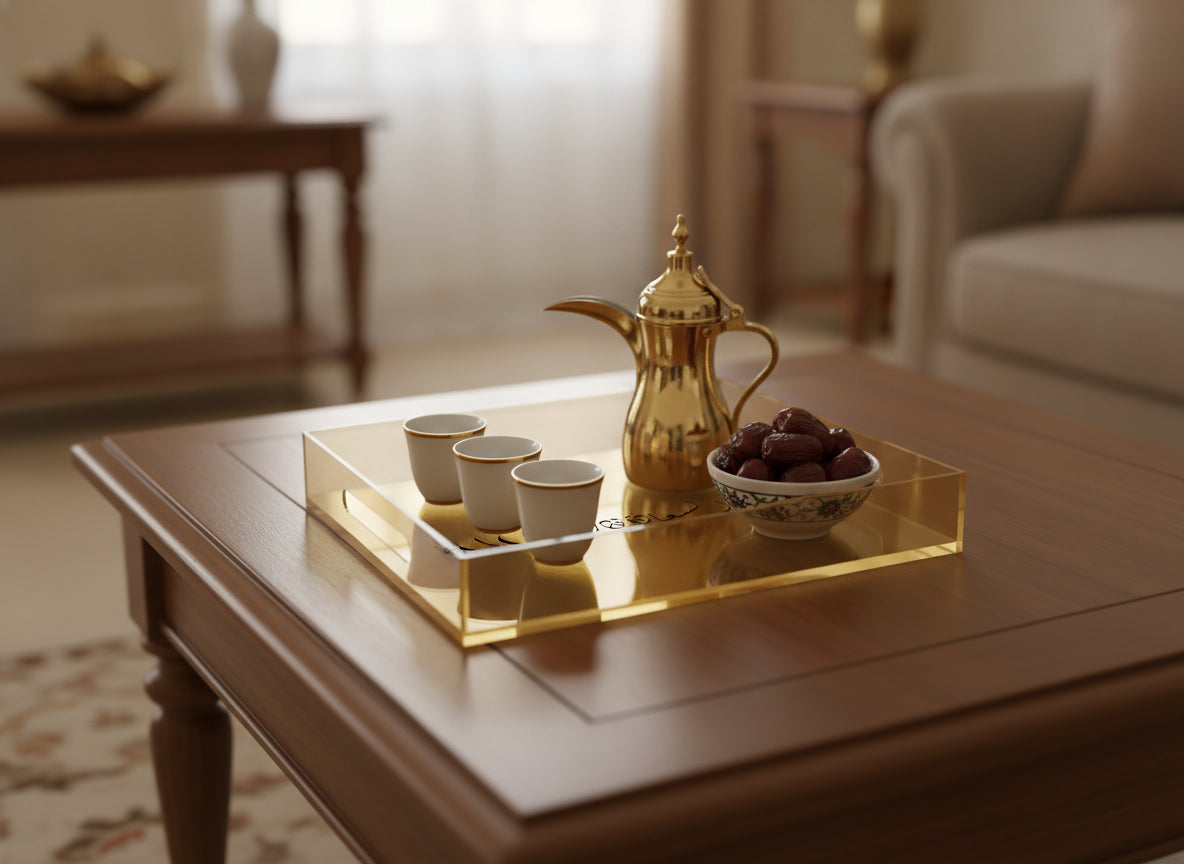 «دار السعادة» in Diwani engraved on an acrylic serving tray, photographed on a table