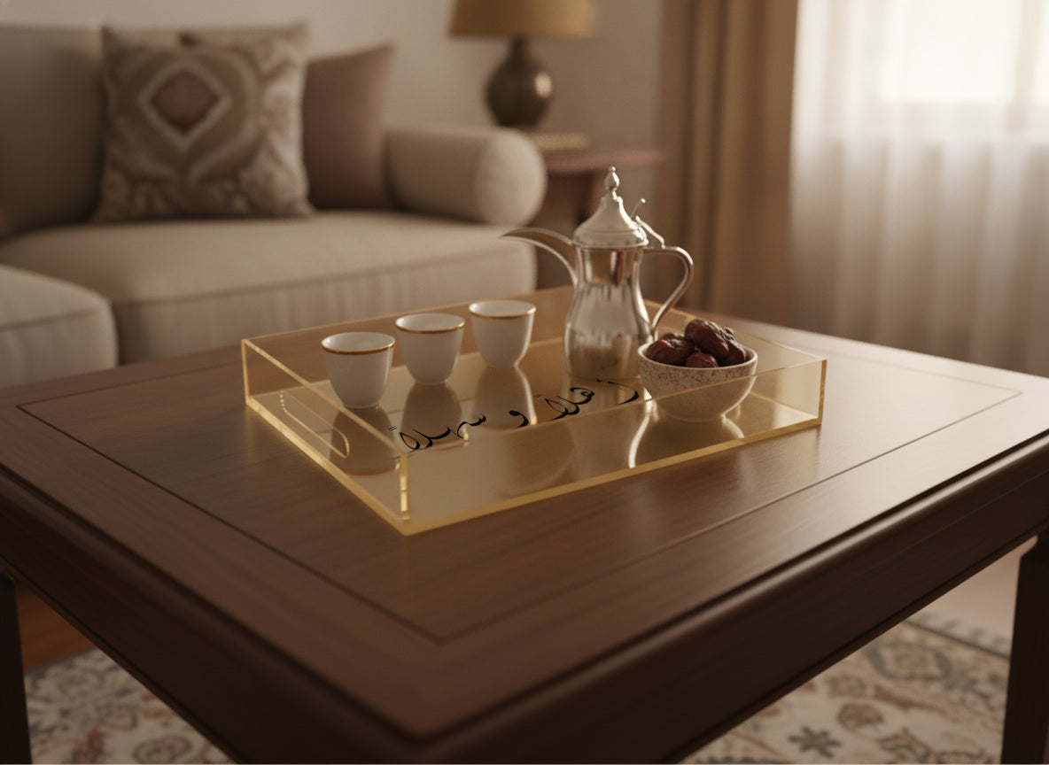 «أهلاً وسهلاً» (welcome) in Diwani on a gold-tinted acrylic tray with a dallah and cups