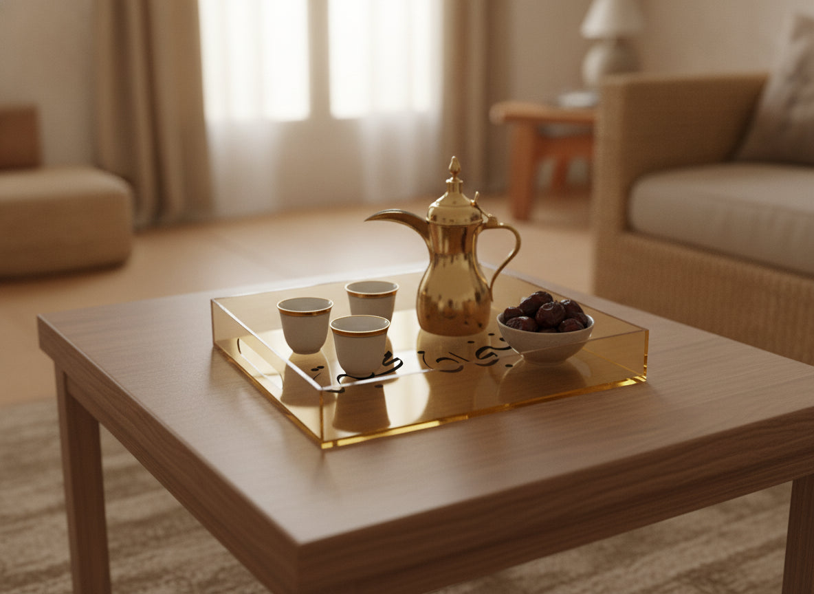 «فنجان محبة» (a cup of affection) in Diwani on a gold-tinted acrylic tray with a dallah and cups