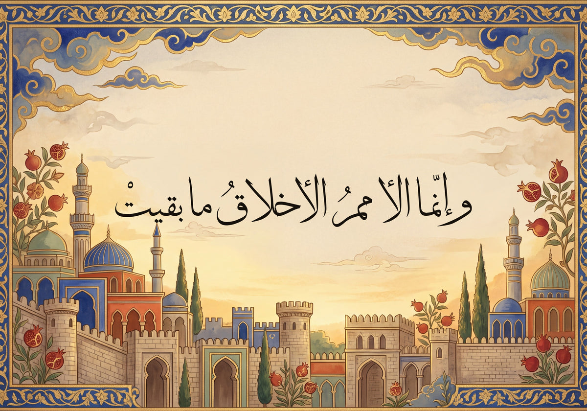 «وإنما الأمم الأخلاق ما بقيت»: العمل كما يُطبع، 50 × 35 سم