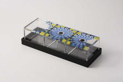 Arabesque acrylic storage box with colourful geometric lid and leather tray, made to order by MASHQ