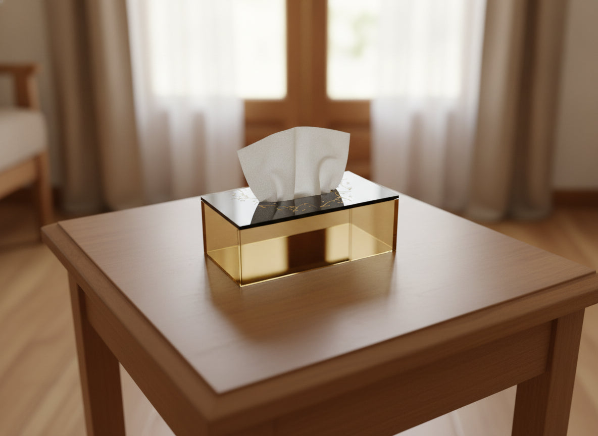 «بيتنا جنتنا» Diwani calligraphy tissue box in use
