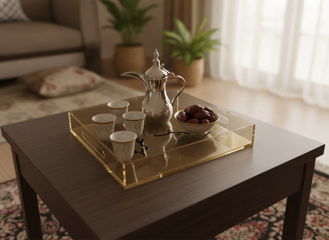 «الضيف عزيز» Naskh calligraphy serving tray in use