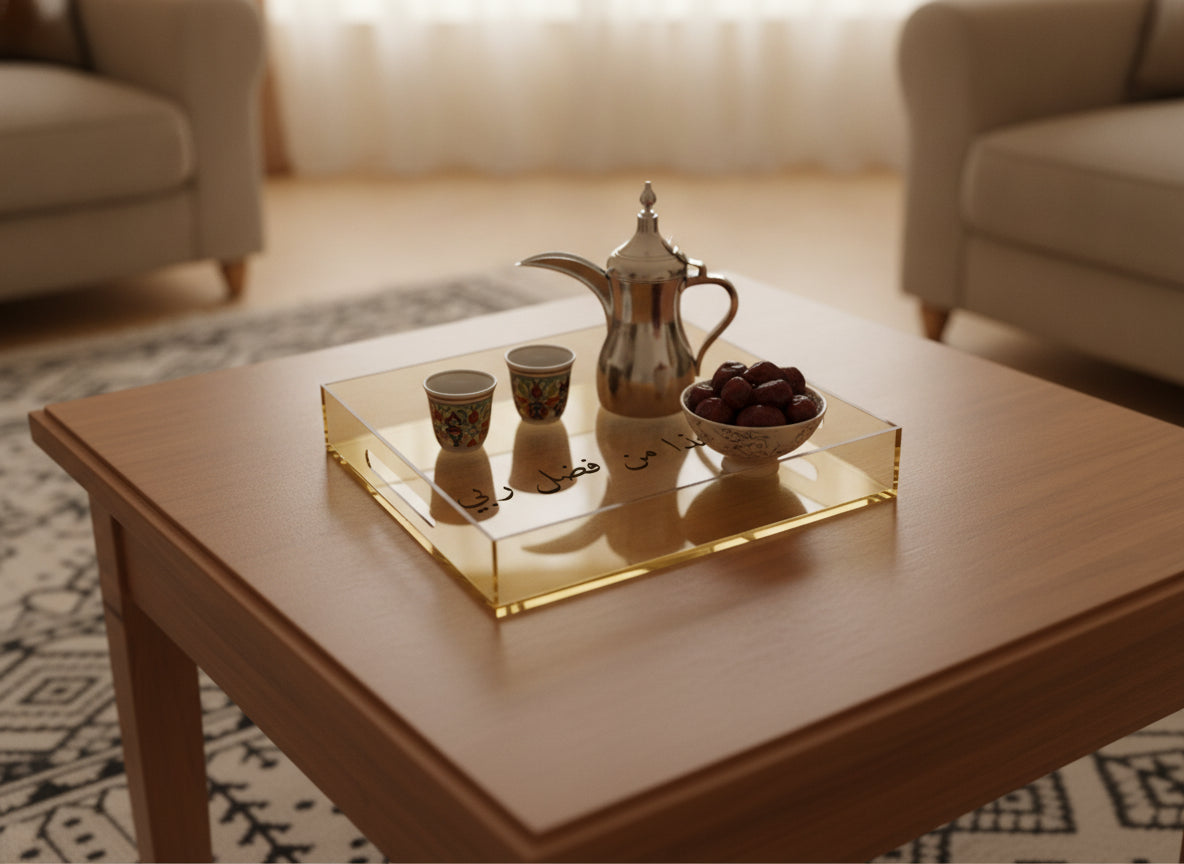 «هذا من فضل ربي» Naskh calligraphy serving tray in use