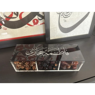 Personalised acrylic box with Thuluth Arabic calligraphy lid, made to order by MASHQ