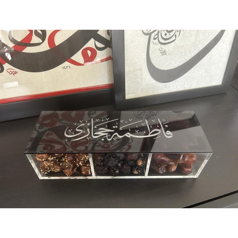 Personalised acrylic box with Thuluth Arabic calligraphy lid, made to order by MASHQ