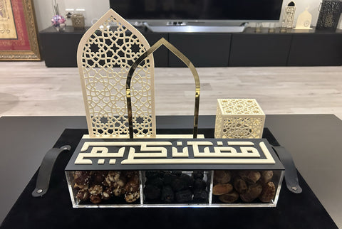 Ramadan set presented on a stitched leather tray, made to order by MASHQ