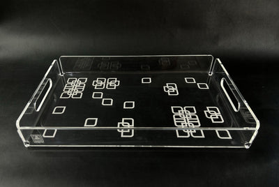 Clear acrylic serving tray engraved with arabesque flower design, made to order by MASHQ