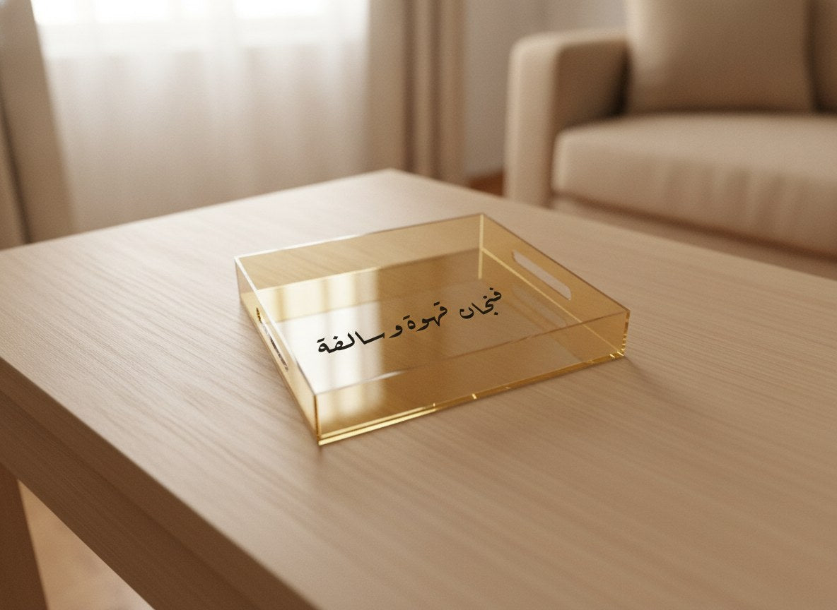 «فنجان قهوة وسالفة» Ruq’ah calligraphy serving tray, gold acrylic, on a coffee table