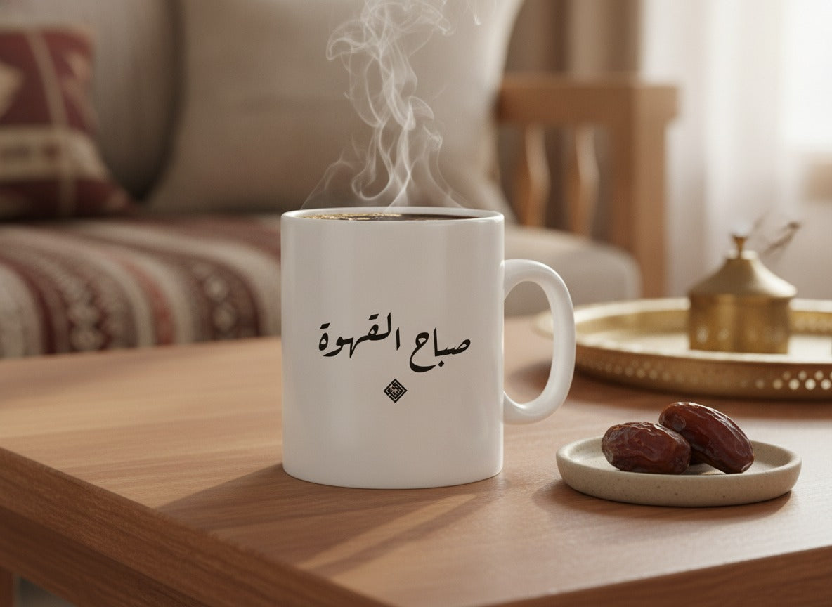 كوب الخط — مثال: ملصق «صباح القهوة»، ممتلئ، على طاولة قهوة