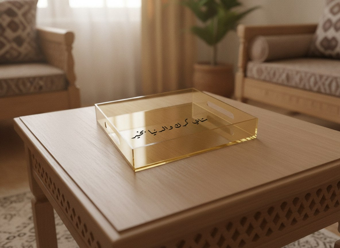 «شاي كرك والدنيا بخير» Ruq’ah calligraphy serving tray, gold acrylic, on a coffee table
