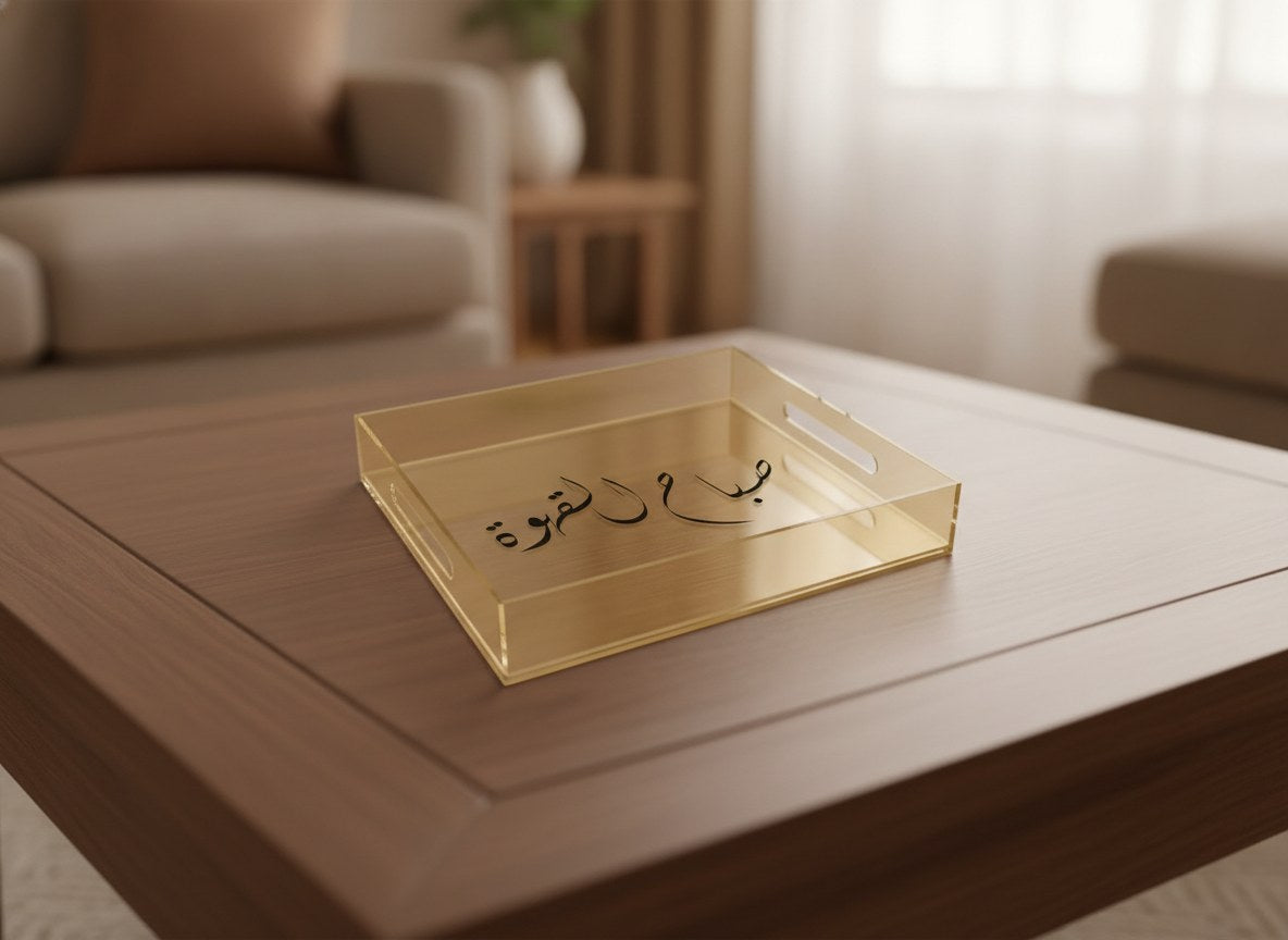 «صباح القهوة» Diwani calligraphy serving tray, gold acrylic, on a coffee table