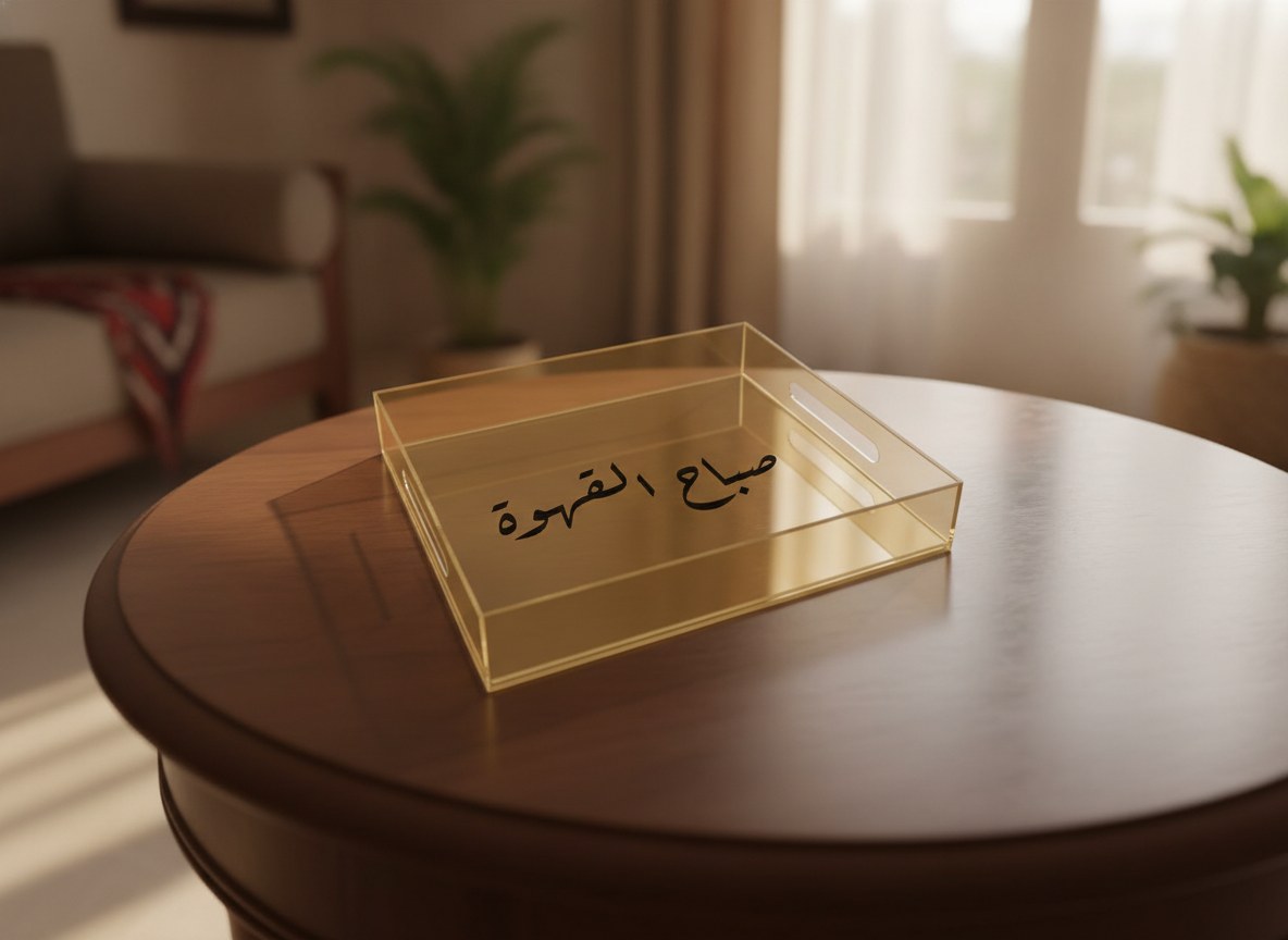 «صباح القهوة» Ruq’ah calligraphy serving tray, gold acrylic, on a coffee table