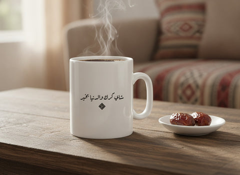«شاي كرك والدنيا بخير» Ruq’ah calligraphy mug, filled, on a coffee table