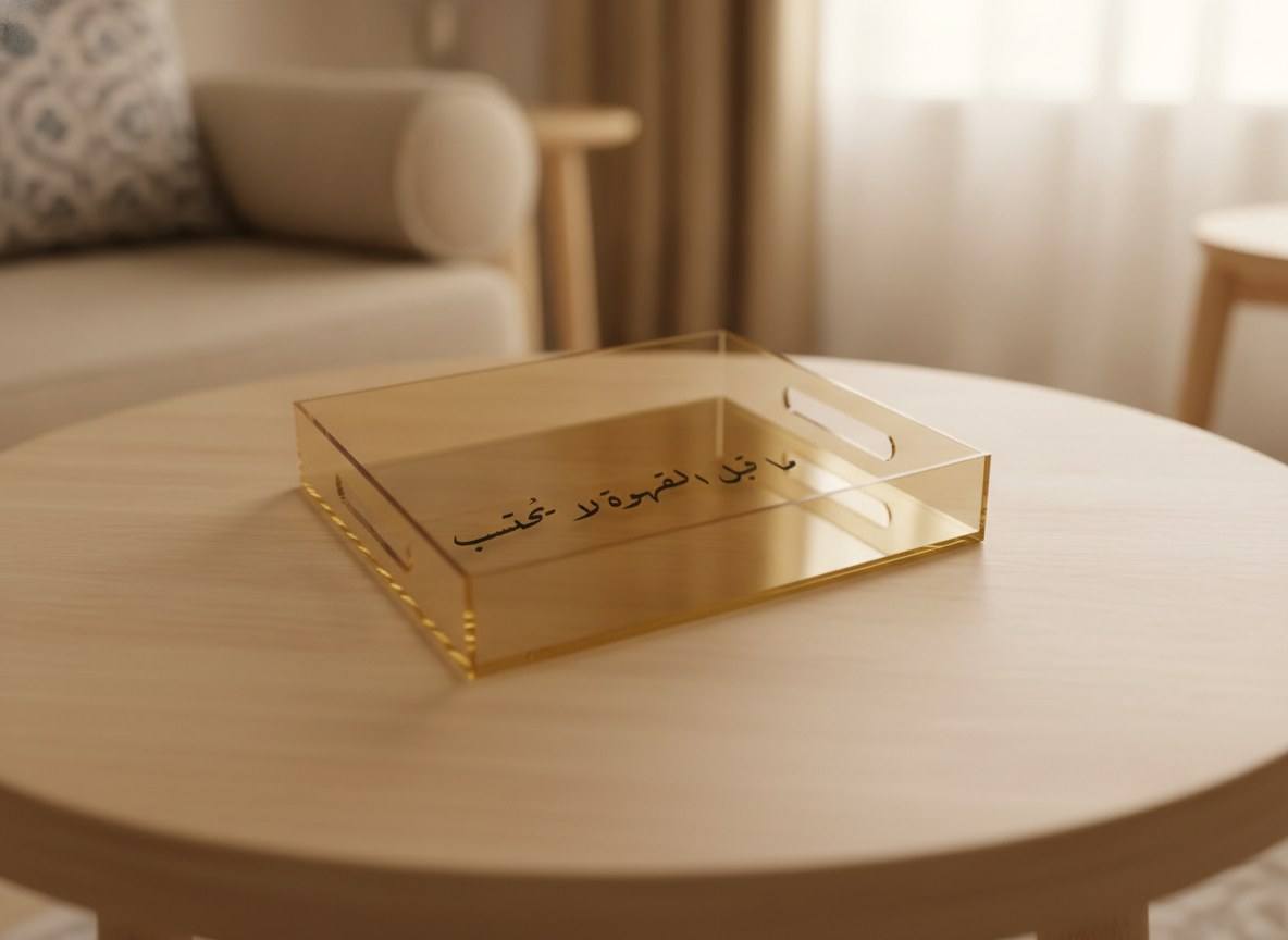 «ما قبل القهوة لا يُحتسب» Ruq’ah calligraphy serving tray, gold acrylic, on a coffee table